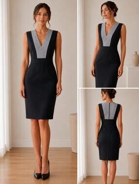 Karolina Zmarlak Boucle Gray and Black V-Neck Sheath Sleeveless Dress Size 4